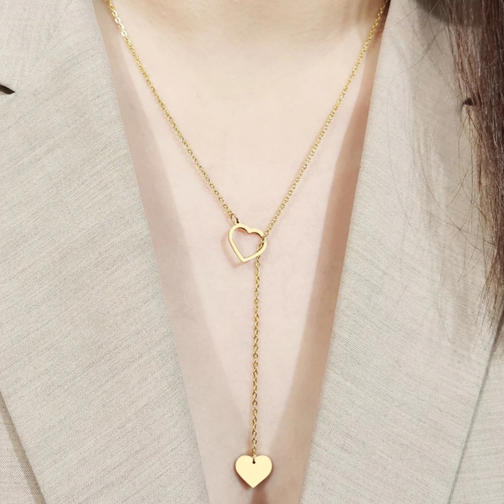 Simple Double Heart Long Lariat Necklace